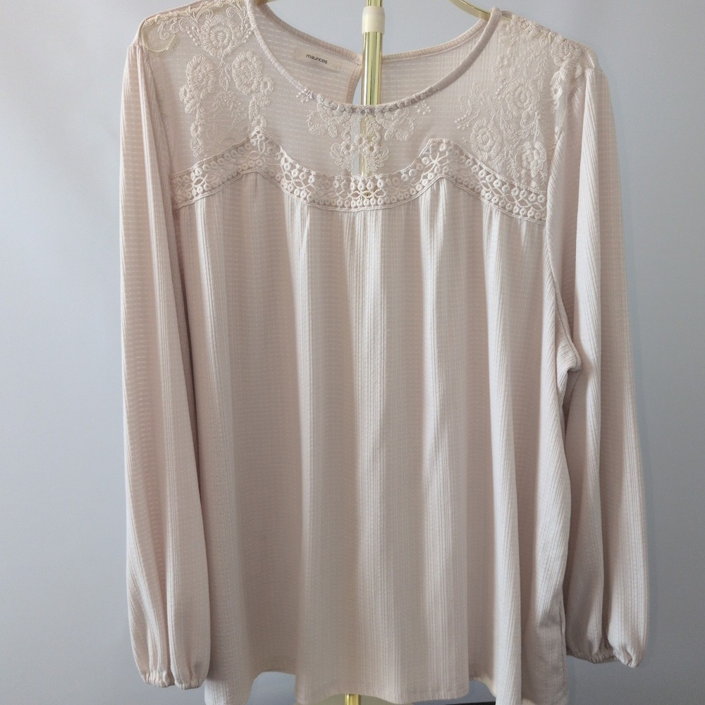 Maurices Blouse Womens 3X Pink Lace Yoke Embroidered Ribbed Knit Balloon Sleeve